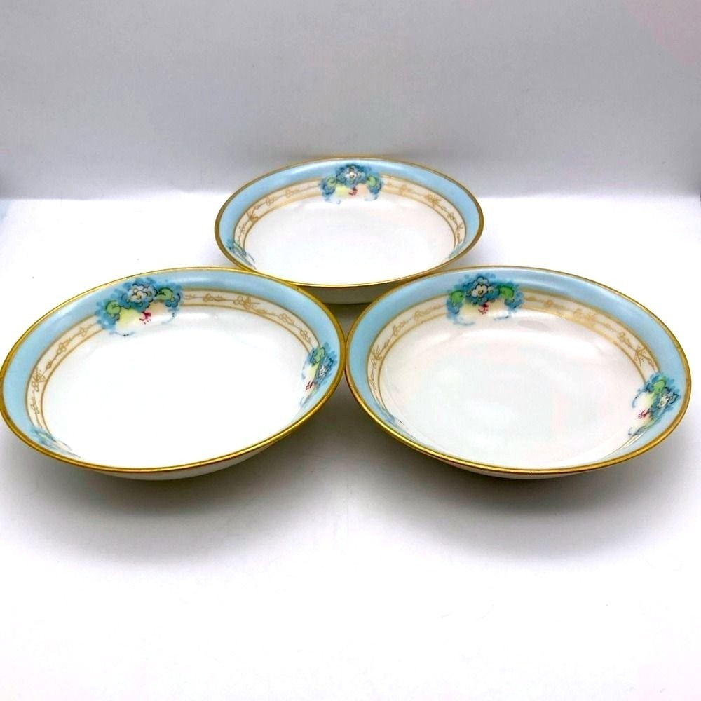 Hutschenreuther Selb Bavarian 3 Blue Floral BerryDessert Bowls Gold Accents 1940
